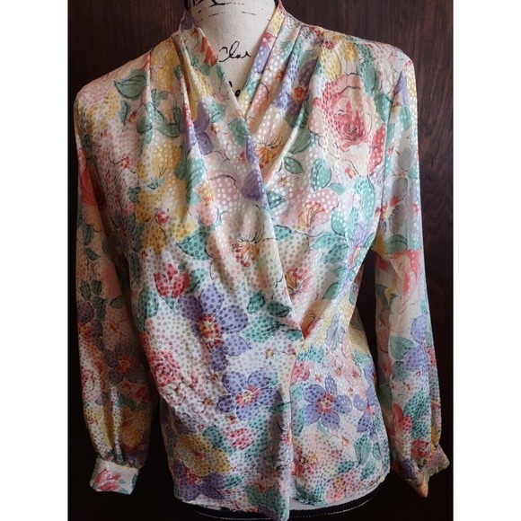 Vintage Size 8 Spring Easter Floral Long Sleeve Blouse Wrap High Collar Modest - Picture 1 of 6